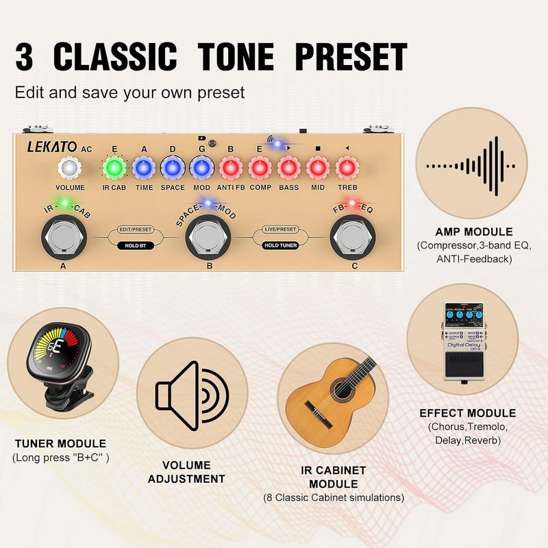 LEKATO Multi Effects Pedal for Acoustic Guitar, with IR Loading 9 AMP Models, Acoustic Multi Effects Processor, Bluetooth 5.0,Recording, Built-in Battery - Image 2